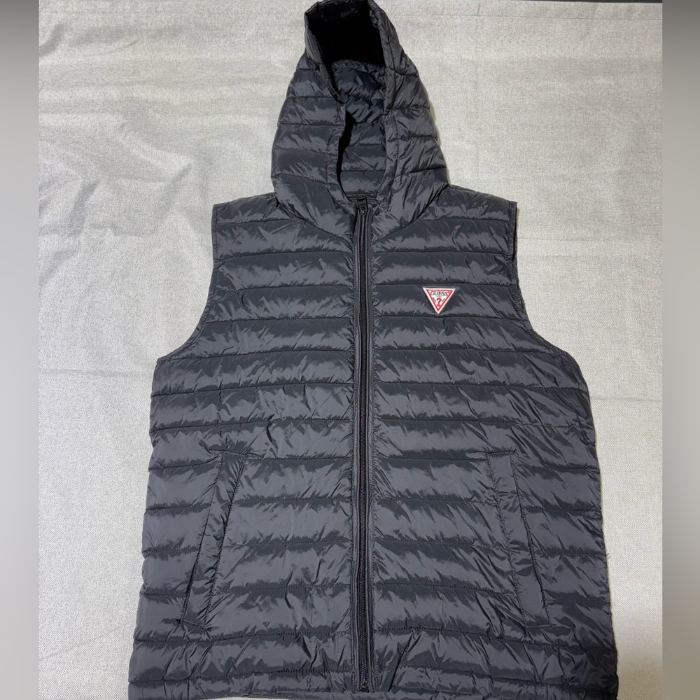 Guess Puffer Vest Men's Hooded Zip Front Black Medium Vintage Y2K Streetwear